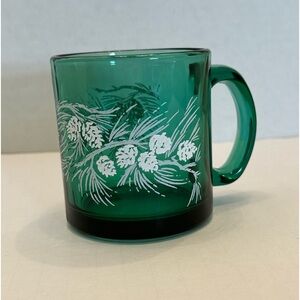 Vintage Clear Green Glass Coffee Mug Frosted Pinecones and Branch Holiday